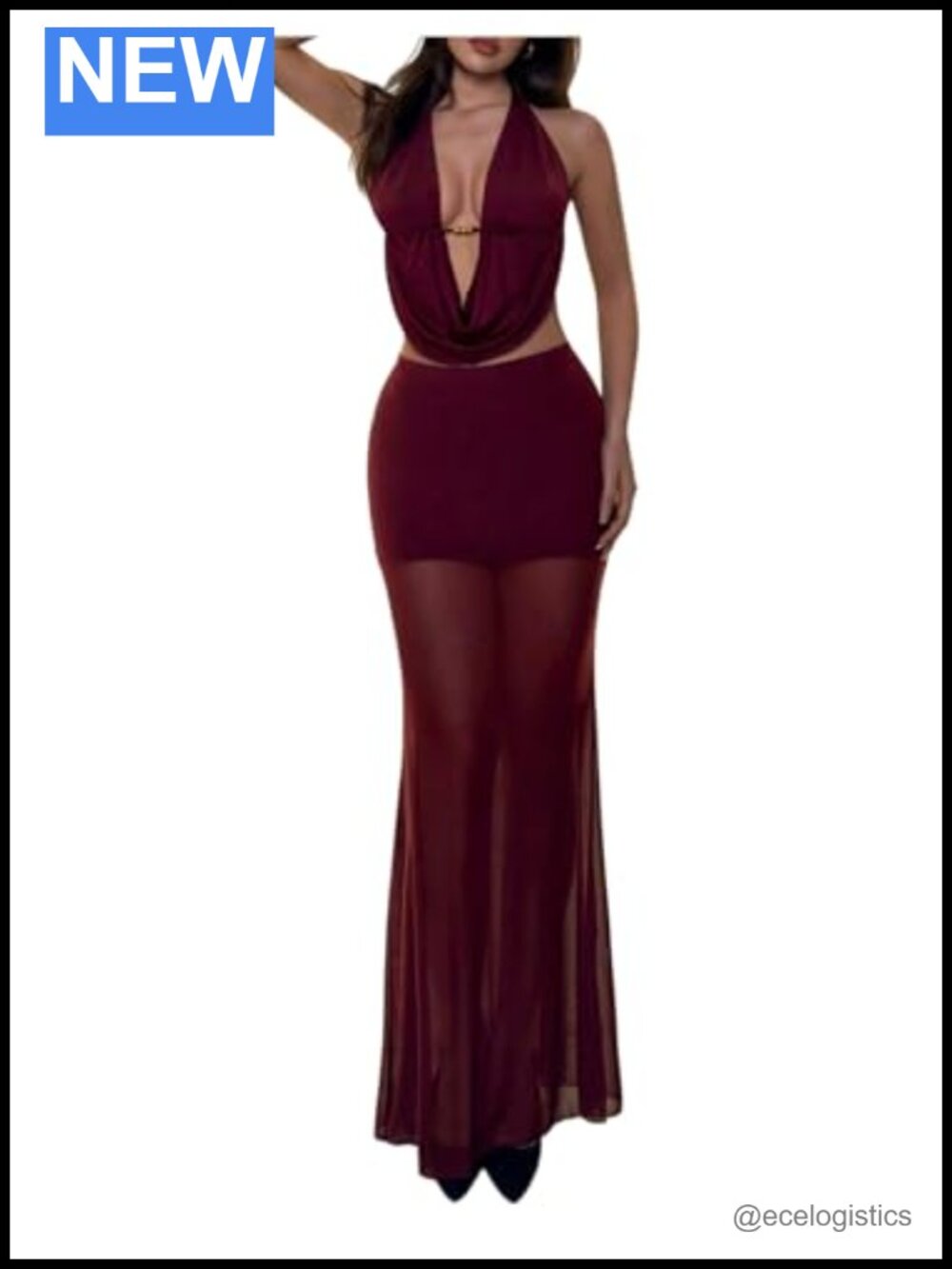 Sexy Two Piece Skirt Set Backless Halter Mesh Maxi Fishtail Bodycon Party